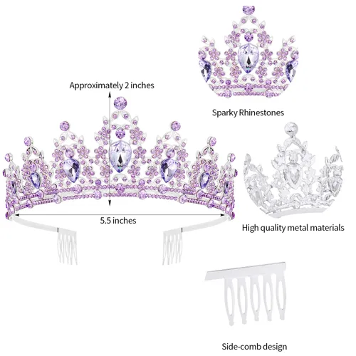 Vista 9 de SuPoo Kit de banda y corona de cumpleaños morada, tiara de princesa con peine, banda con purpurina para mujer, diadema de cristal para niñas