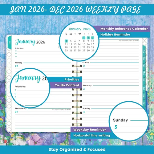 Vista 4 de Agenda 2026 – Agenda semanal y mensual 2026, enero 2026 – diciembre 2026, 6.4 x 8.5 pulgadas, agenda calendario 2026 con pestañas mensuales