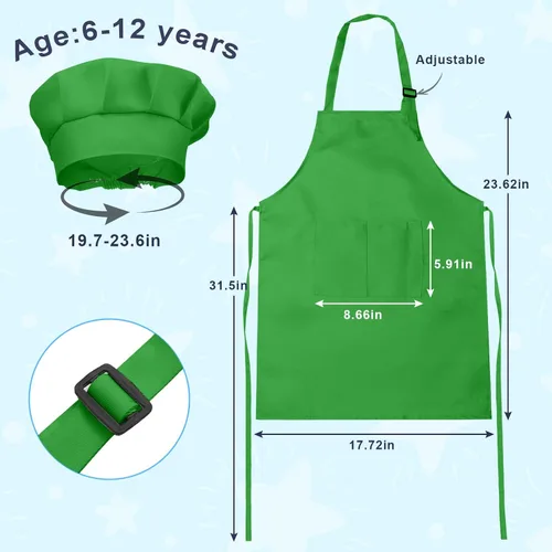 Vista 2 de Juego de delantal y sombrero de chef para niños, 24 piezas con 2 bolsillos ajustables para cocinar, aula, hornear, pintura, 6 a 13 años