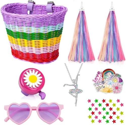 Vista 7 de Cesta de bicicleta para manillar para niñas con collar de unicornio, campana, serpentinas, cuentas de rueda, lentes de sol, calcomanías, juego