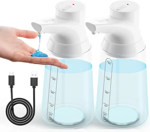 Vista 10 de Paquete de 2 dispensadores automáticos de jabón líquido sin contacto, negro, 4 niveles ajustables, moderno, tipo C, recargable, sensor eléctrico