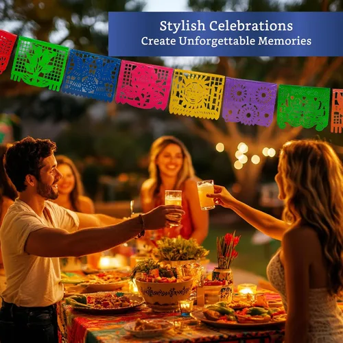 Vista 5 de Pancartas de fiesta mexicana (paquete de 5 con 10 banderas de plástico por bandera), papel picado mexicano para fiesta, papel picado de plástico