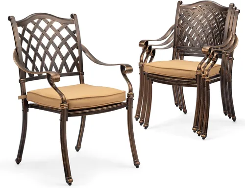 Vista 11 de VINGLI Juego de 2 sillas de patio apilables de aluminio fundido para exteriores con acabado negro vintage y patrón floral, sillones de metal