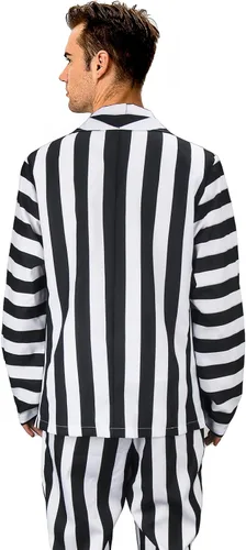 Vista 7 de Vikidoky Disfraz de rayas blancas y negras para hombre, abrigo y pantalones, chaleco de los años 80, película de miedo, Halloween, cosplay, fiesta