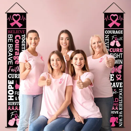 Vista 6 de Decoraciones de fiesta de cinta rosa para concientización sobre el cáncer de mama, cartel de porche, esperanza, fuerza, coraje, fe, pancarta