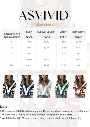Vista 6 de Asvivid - Suéter de punto y manga larga para mujer, diseño con cuello en V, a rayas y bloques de color, sin botones