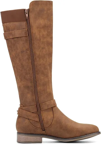 Vista 2 de ALLOT Botas altas hasta la rodilla para mujer, botas de equitación elásticas de moda, tacón bajo, correa de hebilla, zapatos de motocicleta