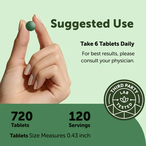 Vista 4 de Tabletas de espirulina de Chlorella orgánica, 3000 mg por porción, 720 unidades, suministro de 4 meses, superalimento de mezcla 50/50, sin relleno