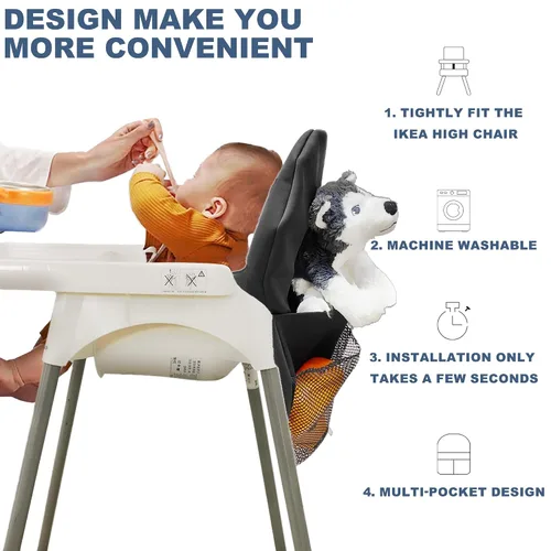 Vista 4 de Bolsa de bolsillo práctica para silla alta compatible con trona IKEA Antilop Para accesorios de silla alta Ikea, material lavable e impermeable