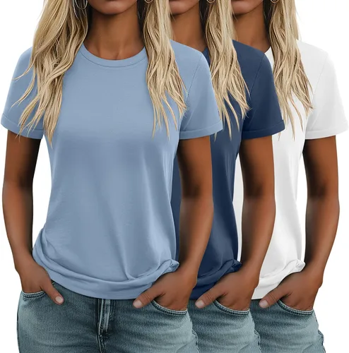 Vista 39 de Huukeay Paquete de 3 camisetas de algodón para mujer, estilo casual, de manga corta, cuello redondo, ajuste holgado, básica, lisa