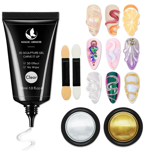 Vista 9 de Kit de gel de uñas 3D de 15g (0.53 onzas) y polvo cromado, gel esculpidor pegamento de arte de uñas para diseños artísticos DIY tallado moldeado Gel