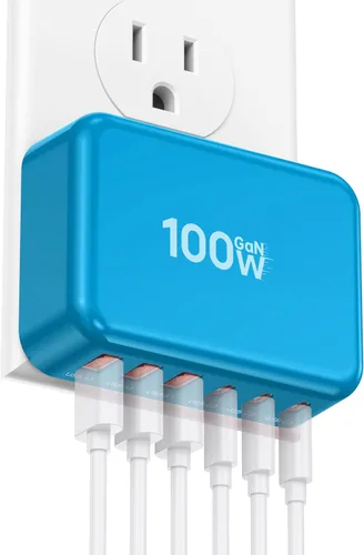 Vista 13 de Bloque de Carga Rápida, Cubo de Estación de Carga GaN de 6 Puertos USB C, Cargador de Pared de 100W de Tipo C de Múltiples Puertos con Enchufe