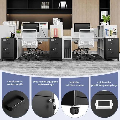 Vista 6 de Archivador de 2 cajones con cerradura, archivador vertical móvil para colgar carpetas tamaño A4/carta/legal, debajo del escritorio, pequeños