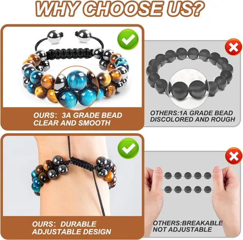 Vista 18 de MIDON - Pulsera de ojo de tigre, pulsera de triple protección para hombres y mujeres, hecha a mano, cuentas de ojo de tigre, hematita y obsidiana