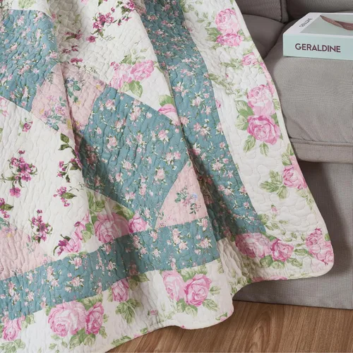 Vista 4 de Chezmoi Collection Gayle - Manta acolchada de algodón con retazos, diseño vintage lavado, suave y transpirable, reversible, para todas las estaciones