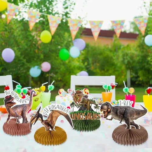 Vista 5 de Aoriher 14 piezas de centro de mesa de dinosaurio con forma de panal de abeja, decoraciones de fiesta de cumpleaños de dinosaurio, decoración