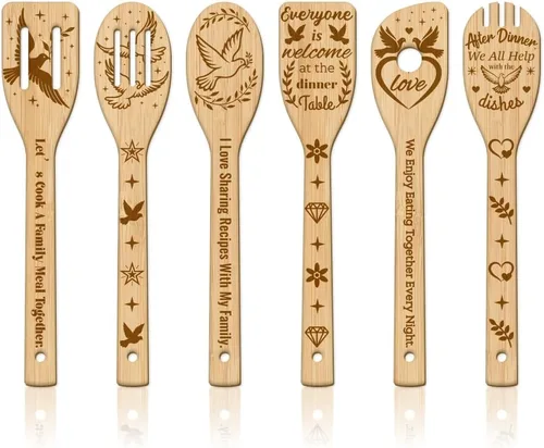 Vista 9 de GLOBLELAND Juego de 6 cucharas de madera de alpaca, lindo animal tallado de bambú, utensilios de cocina para mujeres y hombres, juego de espátulas