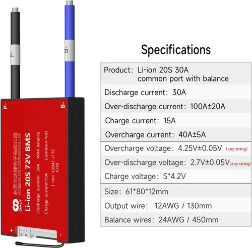Vista 5 de DALY BMS 72V Li-ion 20S 30A Tablero de protección con cable de equilibrio de puerto común para panel solar autoconstruido, sistema de suministro