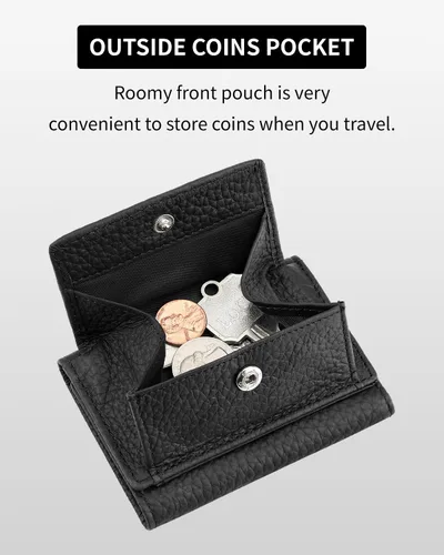 Vista 2 de Karmiir RFID - Cartera pequeña de cuero para hombres y mujeres con bolsa para monedas, billetera compacta de triple bolsillo con ranura
