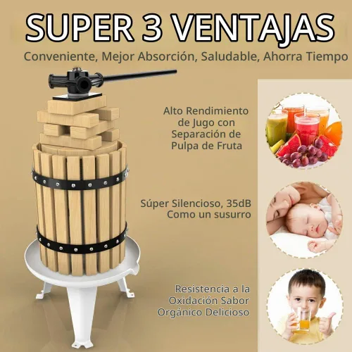 Vista 3 de SQUEEZE master Prensa de frutas, cesta de madera maciza de 1.6 galones/6 litros, prensa de vino, exprimidor tradicional vintage, 6 bloques de prensa