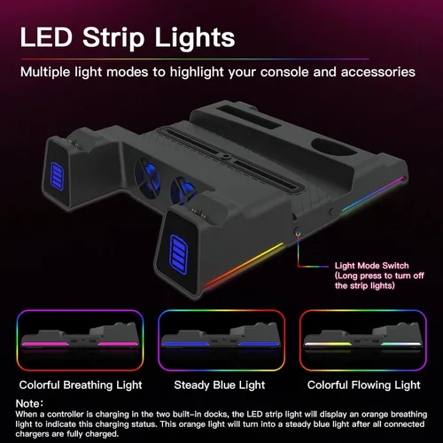 Vista 2 de NexiGo Soporte para PS5 con luz LED RGB, ranura para disco duro, auriculares y soportes remotos, estación de carga de doble controlador para consola