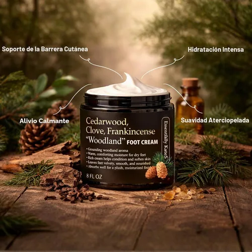 Vista 3 de Essentially KateS Crema para pies de madera de cedro + clavo + incienso Woodland de 8 onzas líquidas