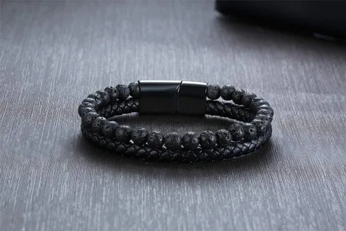 Vista 3 de MEALGUET Pulsera de roca de lava para hombre, pulsera de cuero trenzado con cierre magnético, 2 capas, 8.3in
