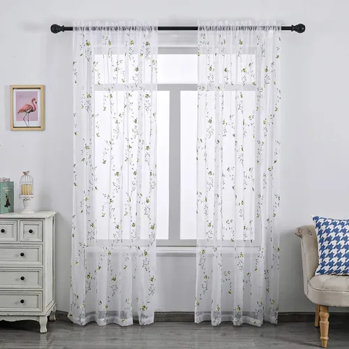 Vista 12 de Taisier Home Cortinas Traslúcidas Blancas Florales con Estampado de Flores y Bordado de Enredaderas para Dormitorio, Cortina con Bolsillo