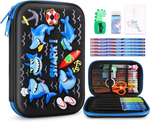 Vista 9 de homicozy Estuche para lápices para niños, bonito juego de papelería de dinosaurio para niños, organizador de lápices escolar de EVA 3D