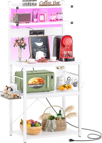 Vista 8 de Aheaplus - Estantería de cocina con toma de corriente, soporte para microondas, estación de café de 5 niveles con luces LED, estante