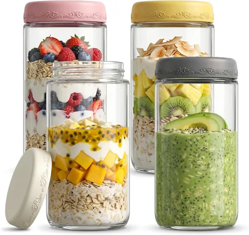 Vista 14 de Paquete de 4 de 10 OZ, Frascos para Avena Nocturna con Tapas, Recipientes de Vidrio para Preparación de Comidas, Frascos Mason Herméticos