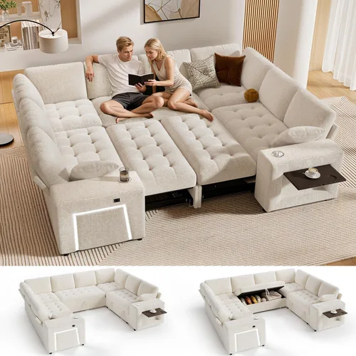 Vista 11 de Vipbear Sofá cama modular de 111 pulgadas con cama extraíble, sofá en forma de L de felpilla de 7 asientos con diván de almacenamiento, puertos USB