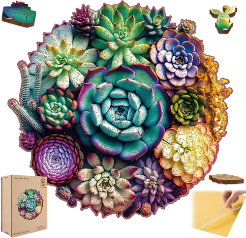 Vista 20 de Mys Aurora - Rompecabezas de madera para adultos, diseño de cactus y flores, 200 piezas