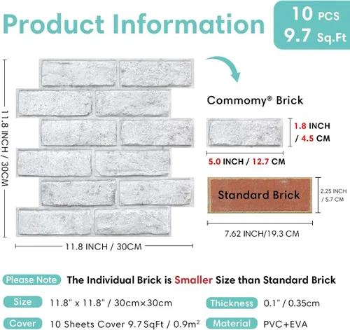 Vista 4 de Commomy Paneles de pared autoadhesivos de ladrillos falsos - 10 piezas de 30 cm x 30 cm de tamaño pequeño, diseño de PVC gris con manchas, papel