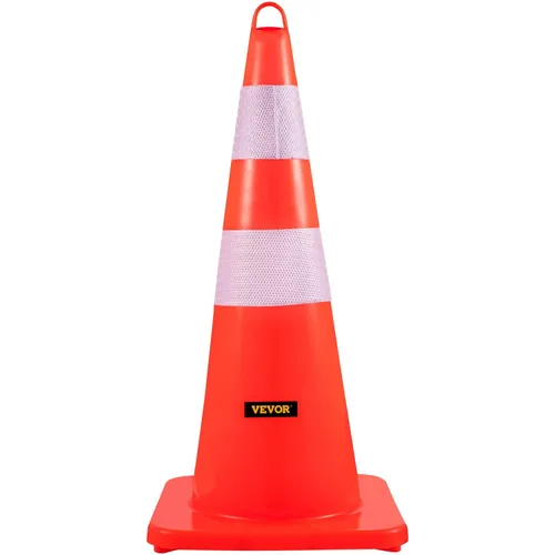 Vista 9 de VEVOR Conos de seguridad, 10 conos de tráfico de 28 pulgadas, conos de construcción naranja de PVC, 2 collares reflectantes con base pesada y anillo