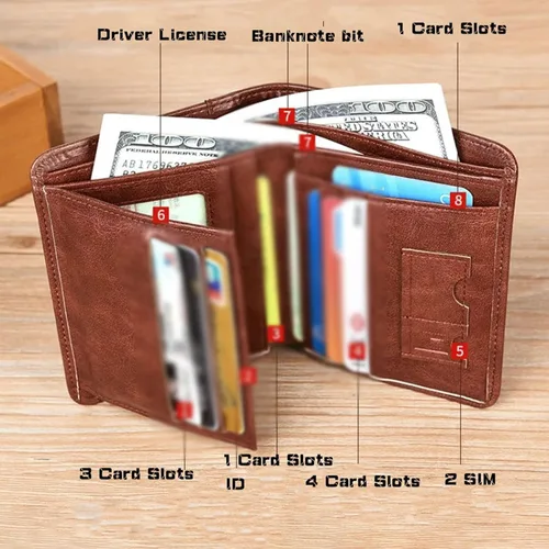 Vista 3 de TAUFE Men's Wallets, Men Wallet 3 Fold Short Credit Card Holder Genuine Leather Wallet Men Purse (Color Brown)