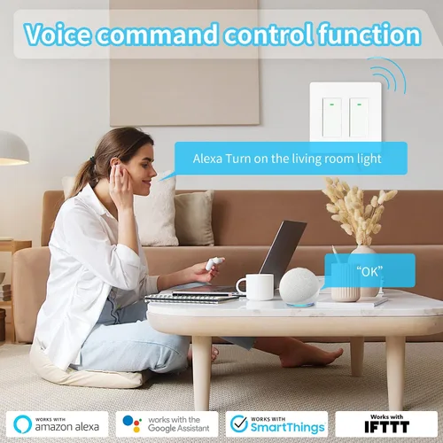 Vista 4 de Interruptor de luz inteligente de 2 bandas (botón), interruptores de luz WiFi inteligentes dobles, interruptor inteligente compatible con Alexa