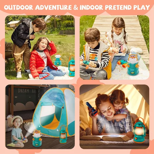 Vista 4 de Qtioucp - Juego de camping para niños con tienda de campaña desplegable y proyector de espacio con linterna - Juguete de fogata al aire libre