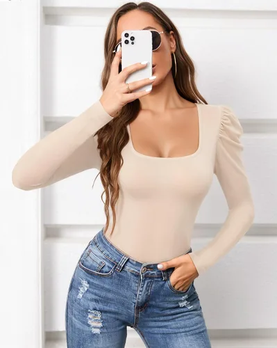 Vista 4 de MANGOPOP Body de manga abombada para mujer, cuello cuadrado, traje de cuerpo para mujer, manga larga, camisa, camiseta elegante