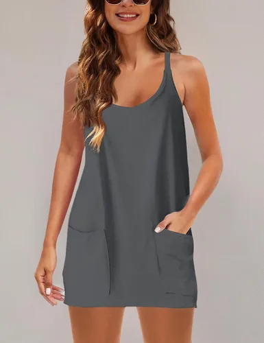 Vista 5 de Zhiyouni Minivestido de verano sin mangas para mujer, cuello en V, tirantes delgados, atlético, pantalones cortos integrados
