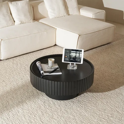 Vista 4 de Mesa auxiliar redonda, mesa de centro de 31.8 pulgadas con almacenamiento, mesa moderna de sala de estar con tambor estriado, mesas centrales
