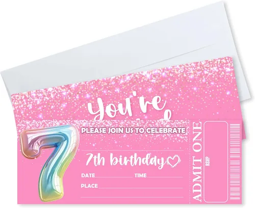 Vista 13 de Invitaciones de cumpleaños de 3 x 8 pulgadas – 20 tarjetas de invitación con purpurina rosa con 20 sobres – Boletos VIP estilo relleno de doble cara