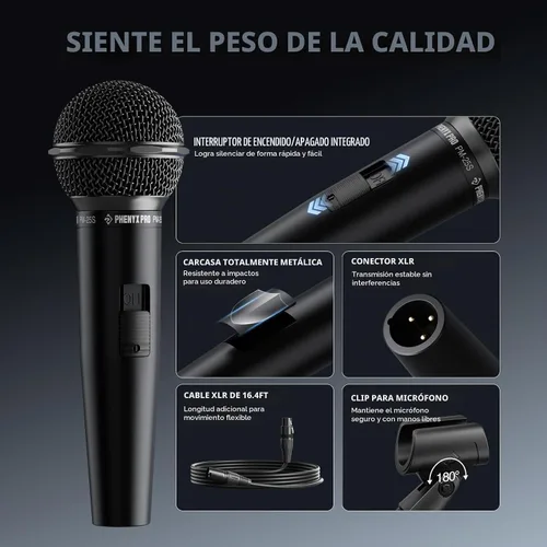 Vista 5 de Phenyx Pro Micrófono vocal dinámico, micrófono cardioide con interruptor de encendido/apagado, cable XLR de 16.4 pies, clip de micrófono, bolsa