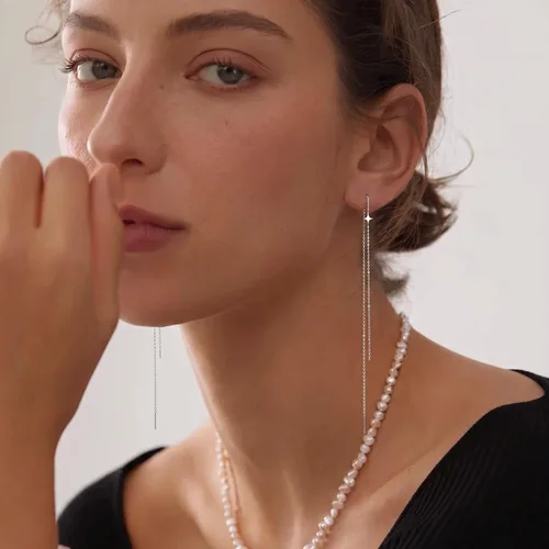 Vista 3 de SLUYNZ 925 Sterling Silver Star Long Dangle Earrings Chain for Women Teens Line Dangle Earrings Tassel Threader Chain plata de ley A