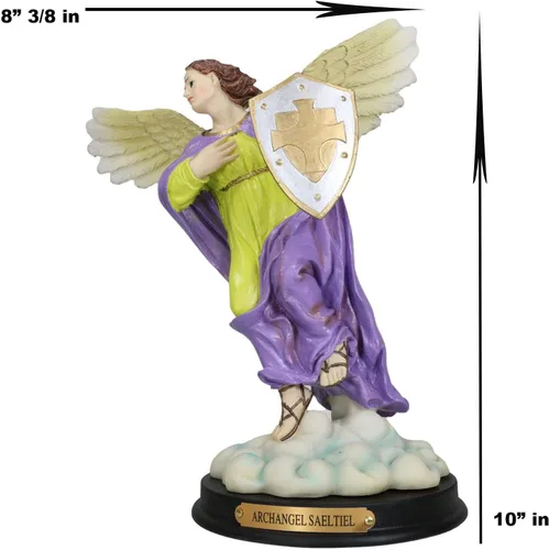 Vista 5 de Ebros Santo Arcángel Santo Selaphiel Sealtiel Llevando Escudo de Fe Estatua con Placa de Nombre de Latón 10 pulgadas de alto Ángel Selaphiel