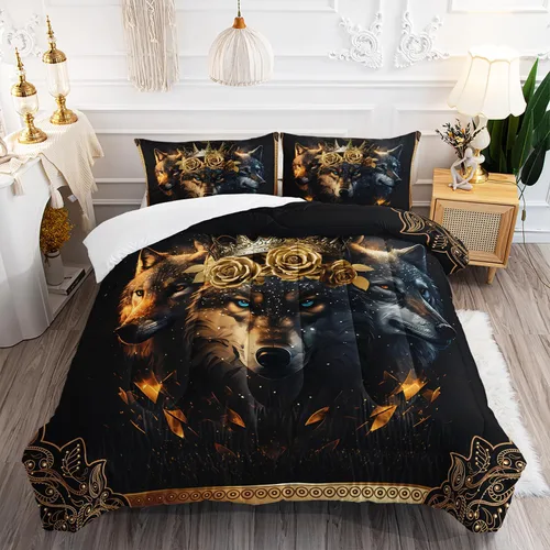 Vista 32 de AILONEN Juego de edredón con cabeza de lobo impresa tamaño individual, juego de ropa de cama de lobo para la noche para niños y hombres, juego