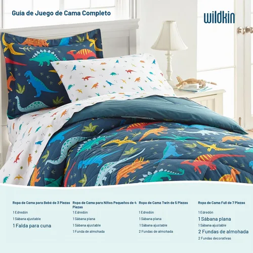 Vista 6 de Wildkin Cama para niños pequeños en una bolsa, juego de ropa de cama de microfibra de 4 piezas con edredón, funda de almohada y sábanas, dinosaurios