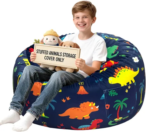 Vista 57 de Lukeight - Puf de almacenamiento de animales de peluche para niños, funda para puf de dinosaurio con cremallera para organizar la habitación