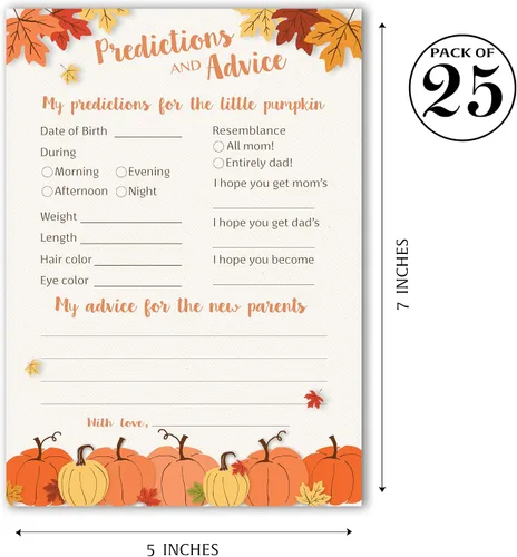 Vista 2 de PUMPKINS - Tarjetas de predicción y consejos – Paquete de 25 – Little Pumpkin Baby Shower Games, nuevos padres, mamá y papá futuros, mensaje de mamá