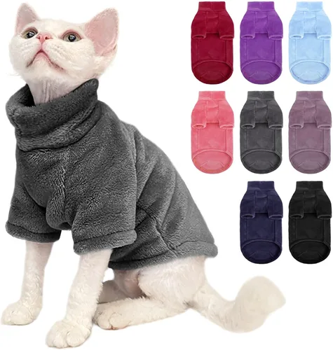 Vista 8 de Suéter Abrigo de Cuello de Tortuga para Gato, Ropa Sphynx Pijamas Solo para Gatos, Suéteres de Vellón Pullover para Gatitos con Mangas, Mono